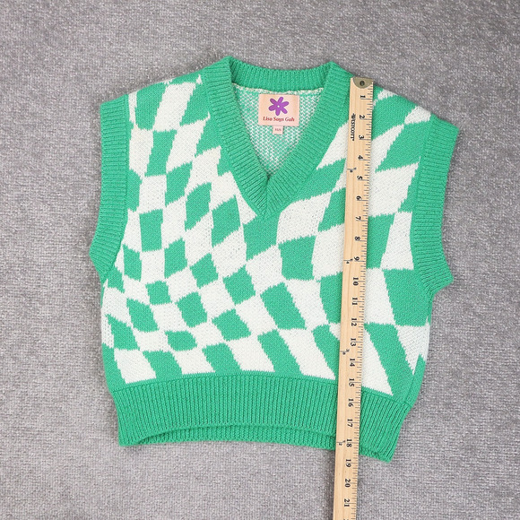 Womens Lisa Says Gah! XS/Small Green White Checkered Sleeveless Sweater Vest - Picture 3 of 8